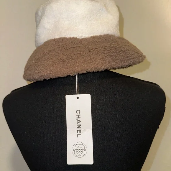 CHANEL Cream and Brown Designer Winter Bucket Hat with Gold Logo